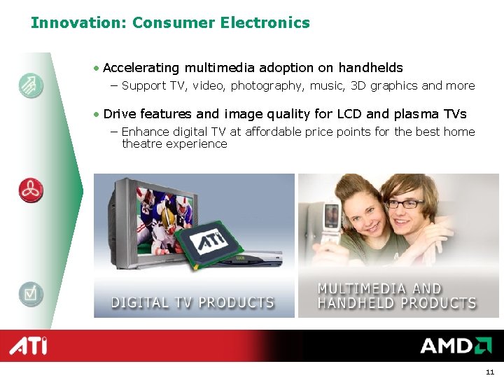 Innovation: Consumer Electronics • Accelerating multimedia adoption on handhelds − Support TV, video, photography,