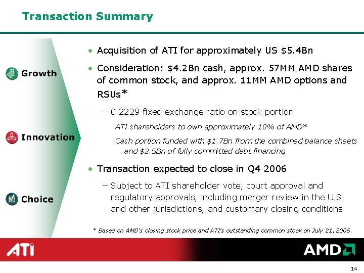 Transaction Summary • Acquisition of ATI for approximately US $5. 4 Bn • Consideration: