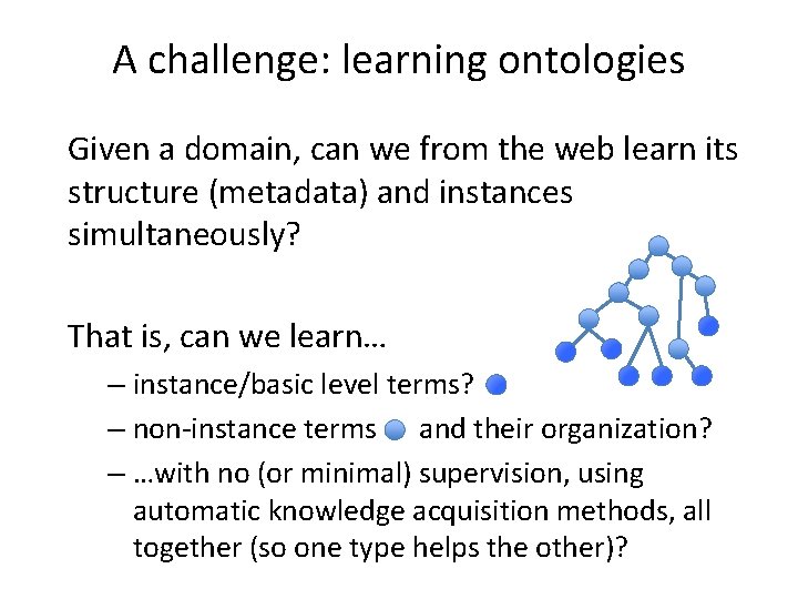 A challenge: learning ontologies Given a domain, can we from the web learn its