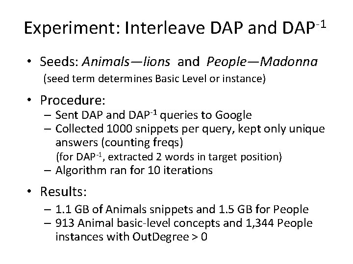 Experiment: Interleave DAP and DAP-1 • Seeds: Animals—lions and People—Madonna (seed term determines Basic