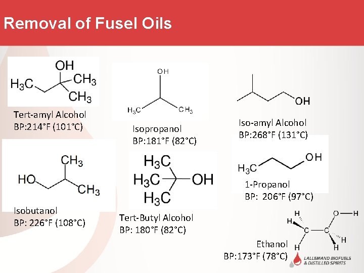 Removal of Fusel Oils Tert-amyl Alcohol BP: 214°F (101°C) Isopropanol BP: 181°F (82°C) Iso-amyl