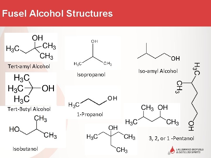 Fusel Alcohol Structures Tert-amyl Alcohol Isopropanol Tert-Butyl Alcohol Iso-amyl Alcohol 1 -Propanol 3, 2,