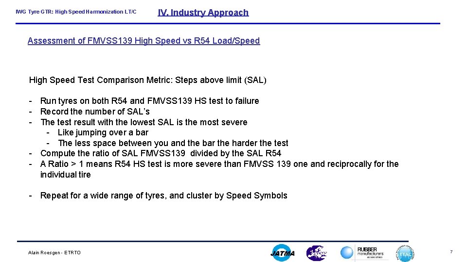 IWG Tyre GTR: High Speed Harmonization LT/C IV. Industry Approach Assessment of FMVSS 139