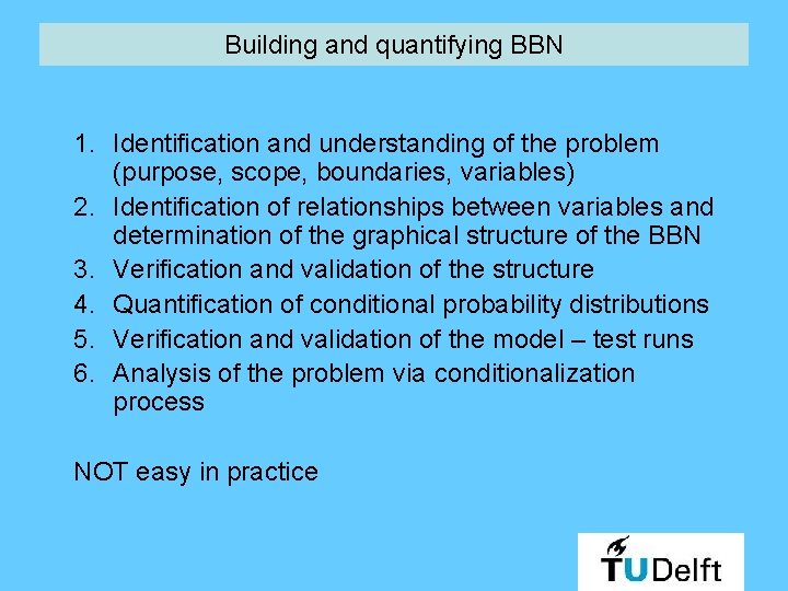 Building and quantifying BBN 1. Identification and understanding of the problem (purpose, scope, boundaries,
