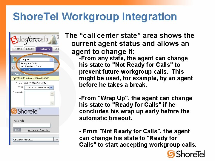 Shore. Tel Workgroup Integration The “call center state” area shows the current agent status