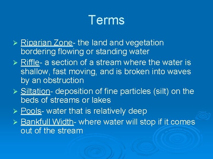 Terms Riparian Zone- the land vegetation bordering flowing or standing water Ø Riffle- a