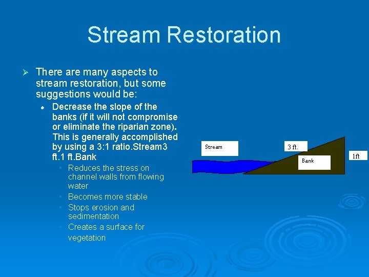 Stream Restoration Ø There are many aspects to stream restoration, but some suggestions would