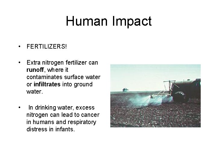 Human Impact • FERTILIZERS! • Extra nitrogen fertilizer can runoff, where it contaminates surface