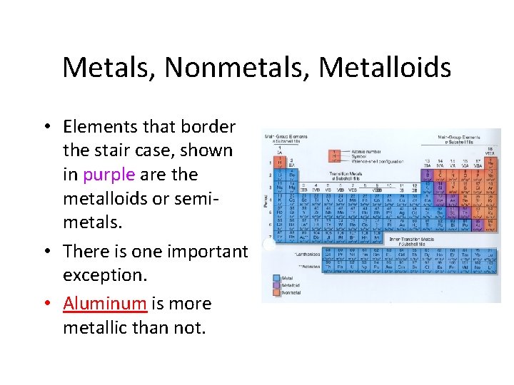 Metals, Nonmetals, Metalloids • Elements that border the stair case, shown in purple are