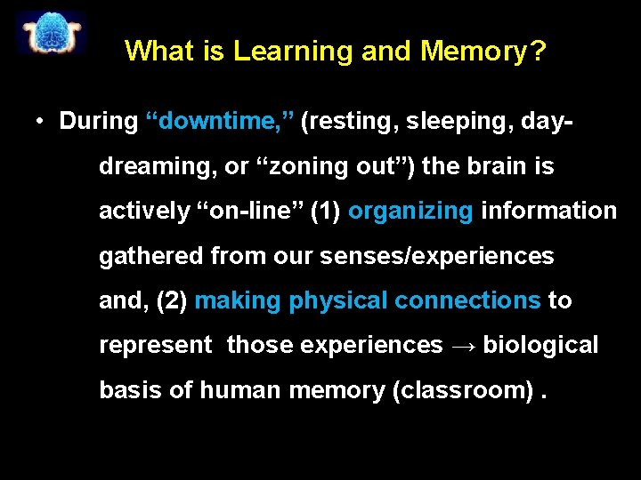 What is Learning and Memory? • During “downtime, ” (resting, sleeping, daydreaming, or “zoning