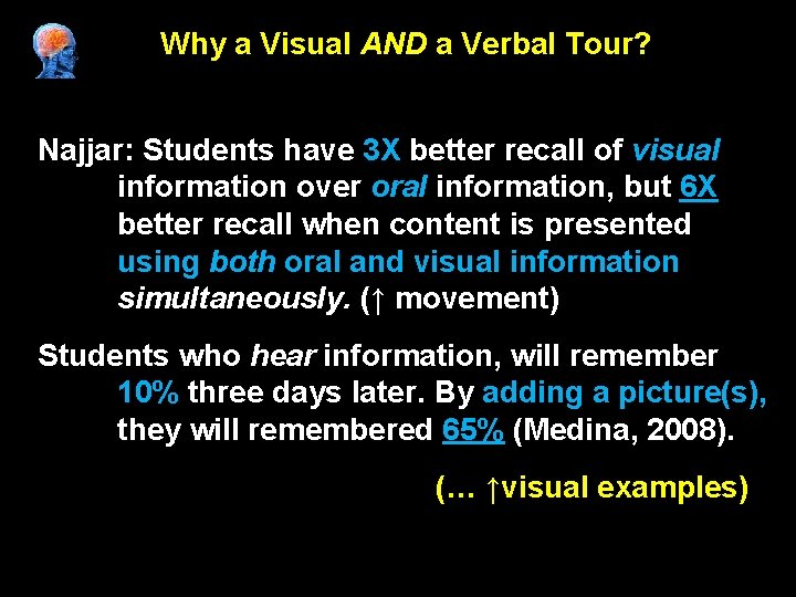 Why a Visual AND a Verbal Tour? Najjar: Students have 3 X better recall