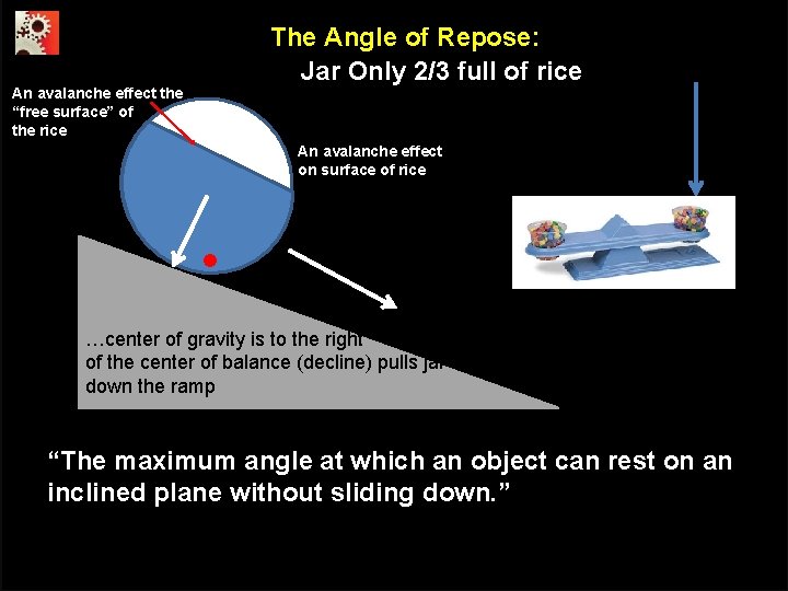 The Angle of Repose: Jar Only 2/3 full of rice An avalanche effect the