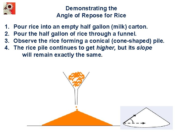 Demonstrating the Angle of Repose for Rice 1. 2. 3. 4. Pour rice into
