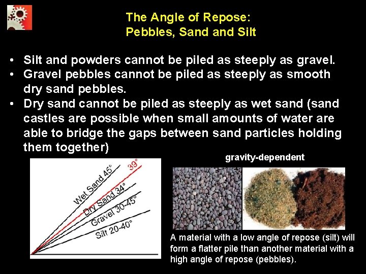 The Angle of Repose: Pebbles, Sand Silt • Silt and powders cannot be piled