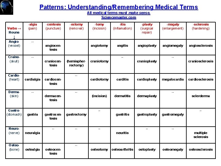 Patterns: Understanding/Remembering Medical Terms All medical terms must make sense. Sciencemaster. com Verbs →