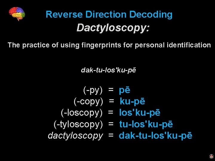 Reverse Direction Decoding Dactyloscopy: The practice of using fingerprints for personal identification dak-tu-los'ku-pē (-py)