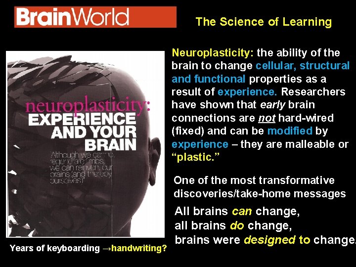 The Science of Learning Neuroplasticity: the ability of the brain to change cellular, structural