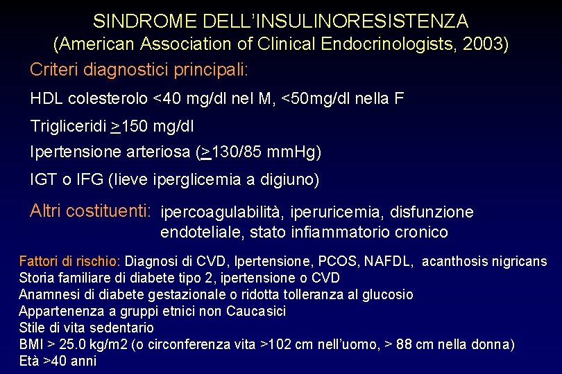 SINDROME DELL’INSULINORESISTENZA (American Association of Clinical Endocrinologists, 2003) Criteri diagnostici principali: HDL colesterolo <40