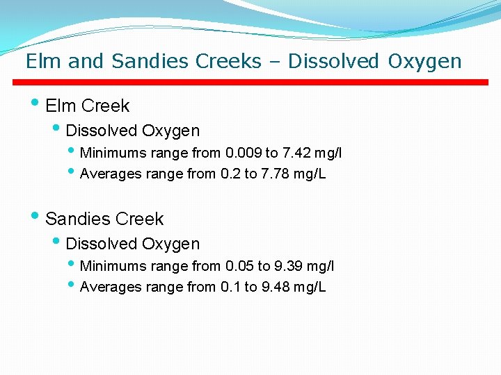 Elm and Sandies Creeks – Dissolved Oxygen • Elm Creek • Dissolved Oxygen • Elm and Sandies Creeks – Dissolved Oxygen • Elm Creek • Dissolved Oxygen •
