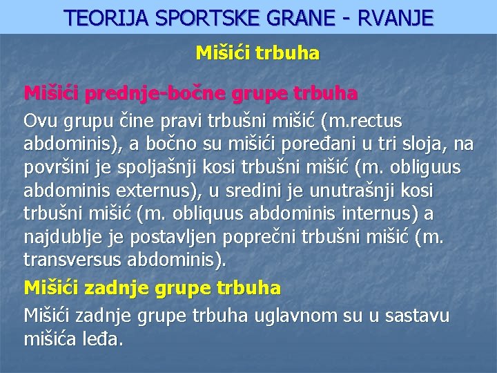 TEORIJA SPORTSKE GRANE - RVANJE Mišići trbuha Mišići prednje-bočne grupe trbuha Ovu grupu čine