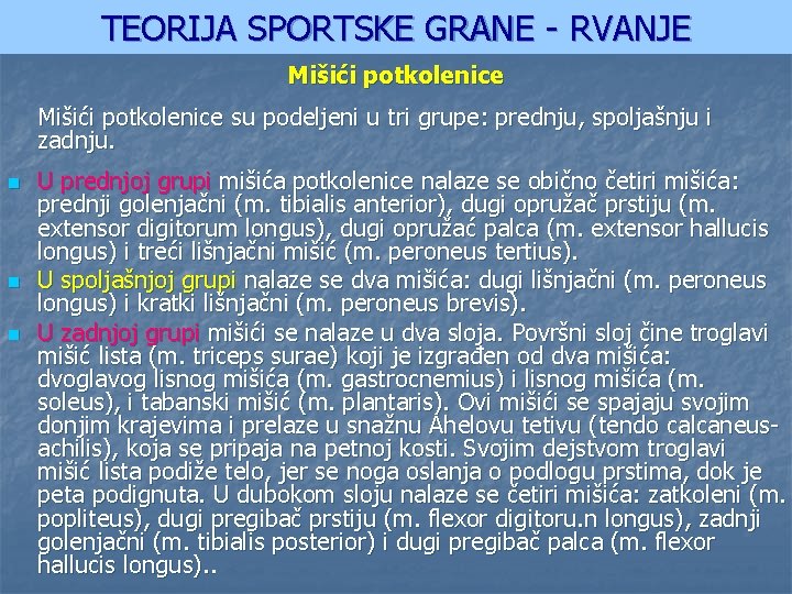TEORIJA SPORTSKE GRANE - RVANJE Mišići potkolenice su podeljeni u tri grupe: prednju, spoljašnju