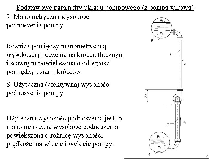 Podstawowe parametry układu pompowego (z pompą wirową) 7. Manometryczna wysokość podnoszenia pompy Różnica pomiędzy Podstawowe parametry układu pompowego (z pompą wirową) 7. Manometryczna wysokość podnoszenia pompy Różnica pomiędzy