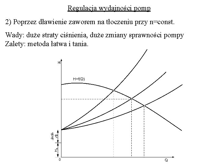 Regulacja wydajności pomp 2) Poprzez dławienie zaworem na tłoczeniu przy n=const. Wady: duże straty Regulacja wydajności pomp 2) Poprzez dławienie zaworem na tłoczeniu przy n=const. Wady: duże straty