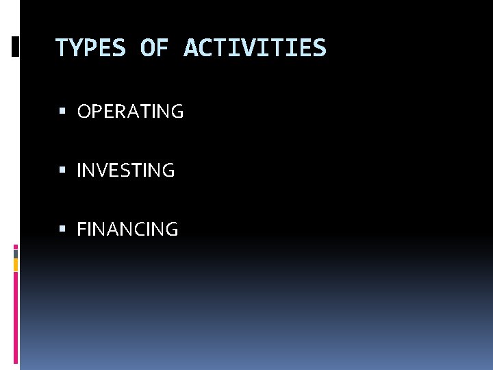 TYPES OF ACTIVITIES OPERATING INVESTING FINANCING 
