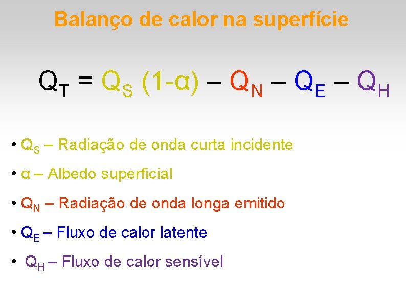 Balanço de calor na superfície QT = QS (1 -α) – QN – QE Balanço de calor na superfície QT = QS (1 -α) – QN – QE