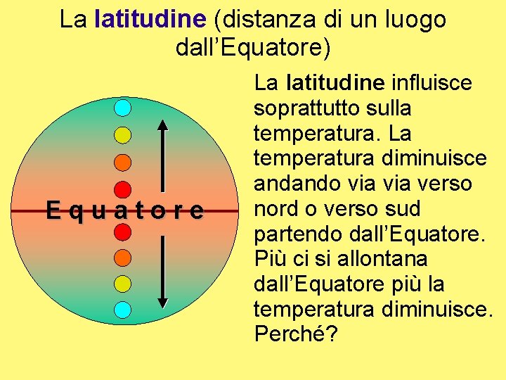 La latitudine (distanza di un luogo dall’Equatore) E q u a t o r La latitudine (distanza di un luogo dall’Equatore) E q u a t o r