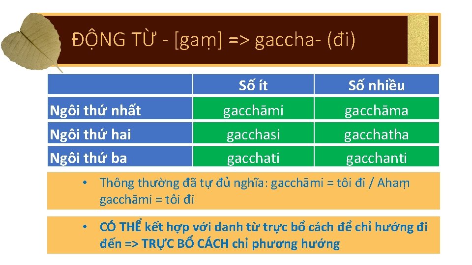 ĐỘNG TỪ - [gaṃ] => gaccha- (đi) Số ít Số nhiều Ngôi thứ nhất