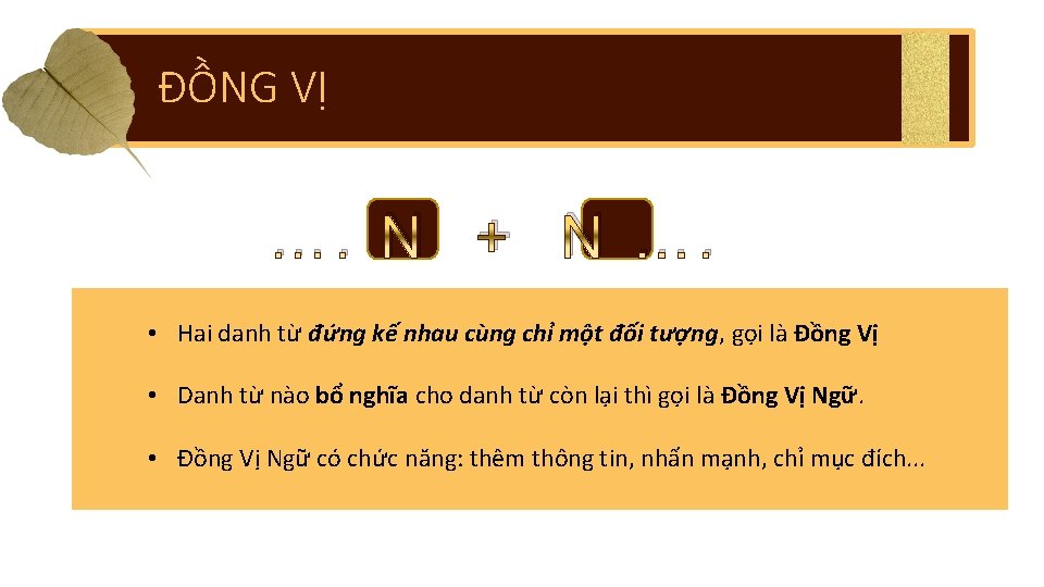 ĐỒNG VỊ …. N + N …. • Hai danh từ đứng kế nhau