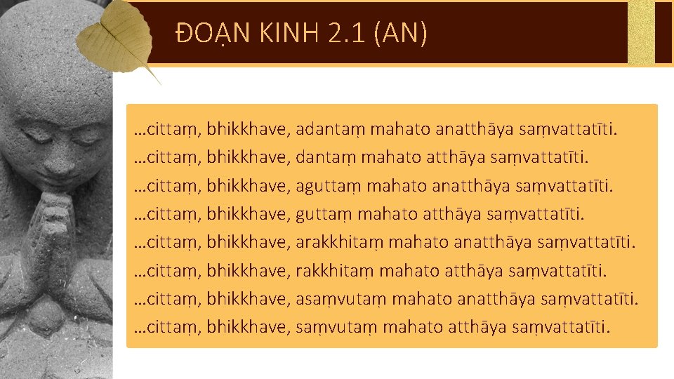 ĐOẠN KINH 2. 1 (AN) …cittaṃ, bhikkhave, adantaṃ mahato anatthāya saṃvattatīti. …cittaṃ, bhikkhave, dantaṃ