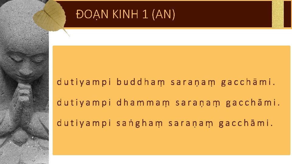 ĐOẠN KINH 1 (AN) dutiyampi buddhaṃ saraṇaṃ gacchāmi. dutiyampi dhammaṃ saraṇaṃ gacchāmi. dutiyampi saṅghaṃ