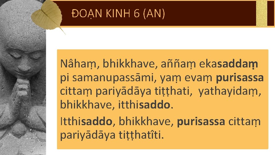 ĐOẠN KINH 6 (AN) Nâhaṃ, bhikkhave, aññaṃ ekasaddaṃ pi samanupassāmi, yaṃ evaṃ purisassa cittaṃ