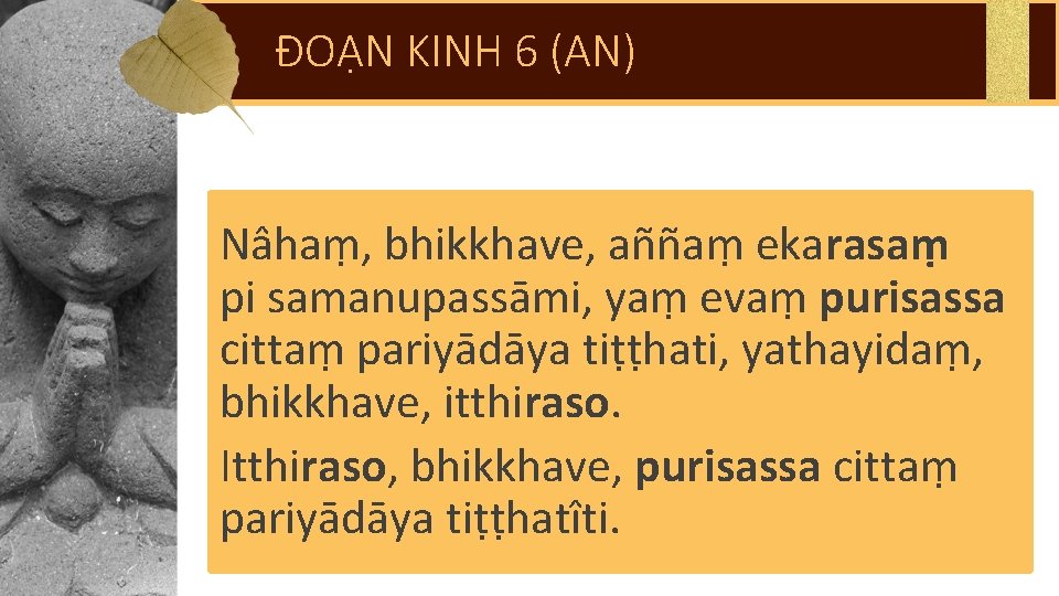 ĐOẠN KINH 6 (AN) Nâhaṃ, bhikkhave, aññaṃ ekarasaṃ pi samanupassāmi, yaṃ evaṃ purisassa cittaṃ