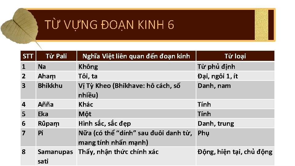 TỪ VỰNG ĐOẠN KINH 6 STT Từ Pali 1 Na 2 Ahaṃ 3 Bhikkhu