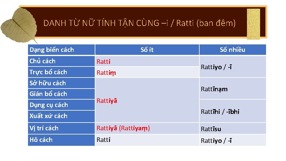 DANH TỪ NỮ TÍNH TẬN CÙNG –i / Ratti (ban đêm) Dạng biến cách