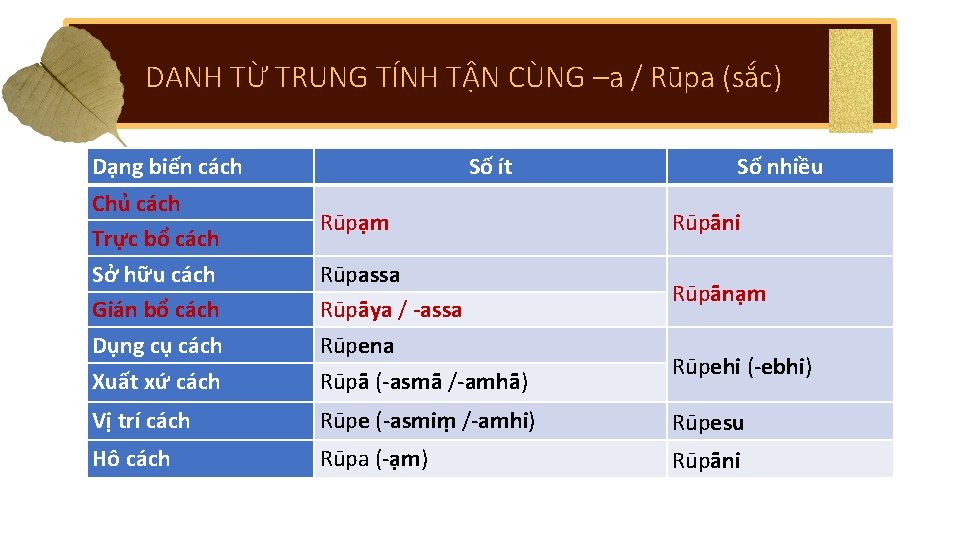 DANH TỪ TRUNG TÍNH TẬN CÙNG –a / Rūpa (sắc) Dạng biến cách Chủ