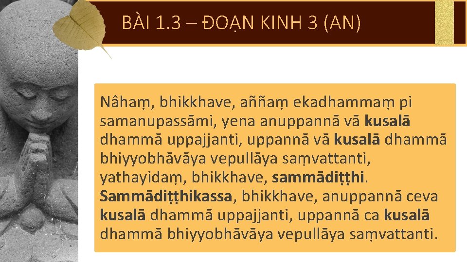 BÀI 1. 3 – ĐOẠN KINH 3 (AN) Nâhaṃ, bhikkhave, aññaṃ ekadhammaṃ pi samanupassāmi,