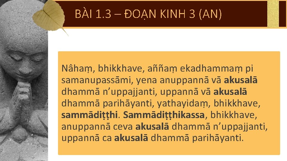 BÀI 1. 3 – ĐOẠN KINH 3 (AN) Nâhaṃ, bhikkhave, aññaṃ ekadhammaṃ pi samanupassāmi,