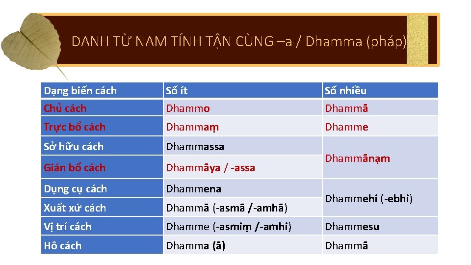 DANH TỪ NAM TÍNH TẬN CÙNG –a / Dhamma (pháp) Dạng biến cách Chủ