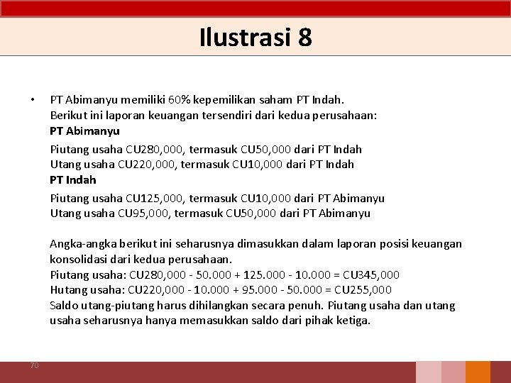 Ilustrasi 8 • PT Abimanyu memiliki 60% kepemilikan saham PT Indah. Berikut ini laporan Ilustrasi 8 • PT Abimanyu memiliki 60% kepemilikan saham PT Indah. Berikut ini laporan