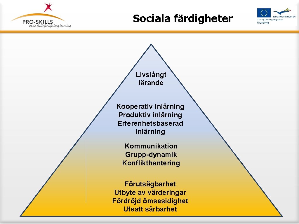 Sociala färdigheter Livslångt lärande Kooperativ inlärning Produktiv inlärning Erferenhetsbaserad inlärning Kommunikation Grupp-dynamik Konflikthantering Förutsägbarhet