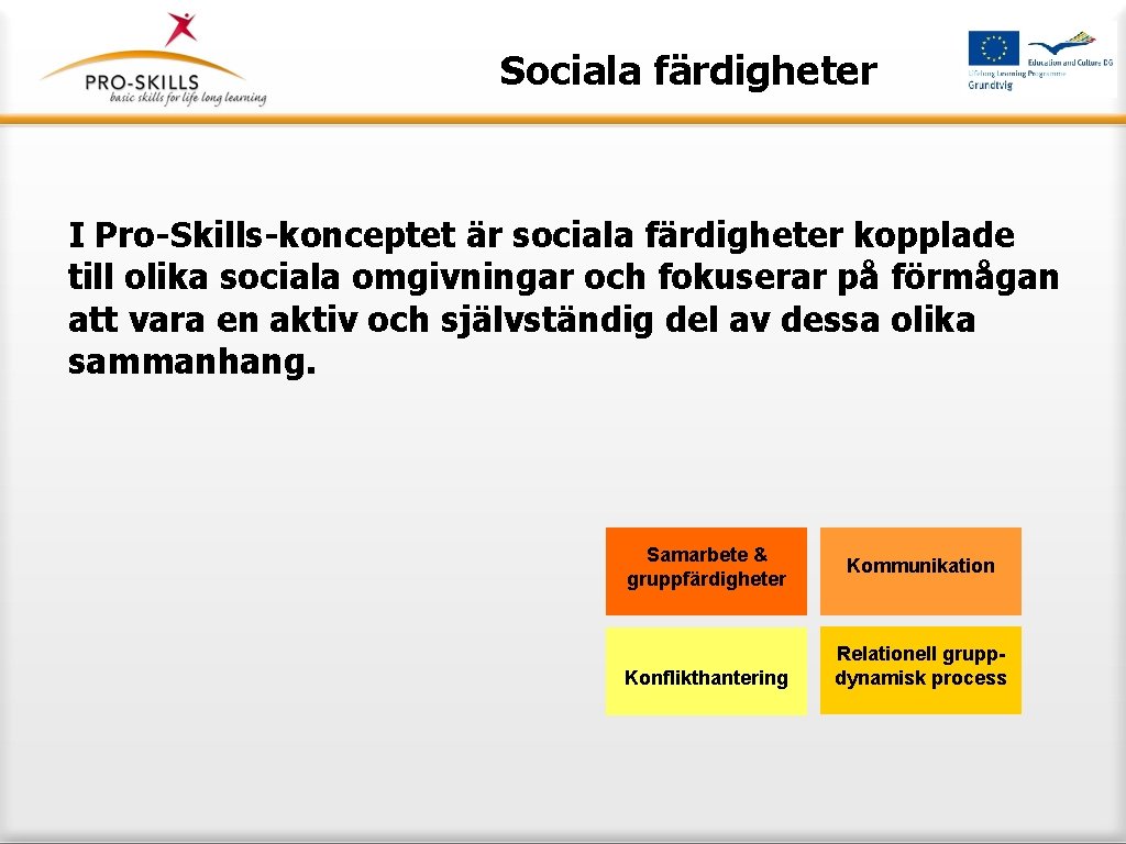 Sociala färdigheter I Pro-Skills-konceptet är sociala färdigheter kopplade till olika sociala omgivningar och fokuserar