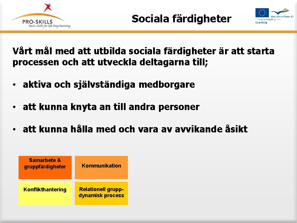 Sociala färdigheter Vårt mål med att utbilda sociala färdigheter är att starta processen och Sociala färdigheter Vårt mål med att utbilda sociala färdigheter är att starta processen och