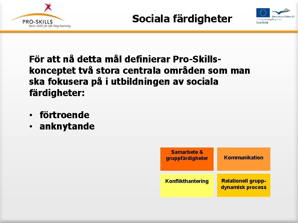 Sociala färdigheter För att nå detta mål definierar Pro-Skillskonceptet två stora centrala områden som