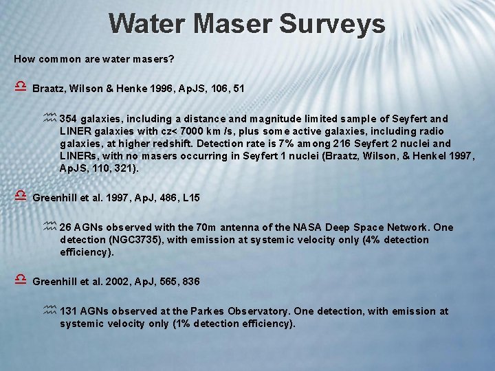 Water Maser Surveys How common are water masers? d Braatz, Wilson & Henke 1996,