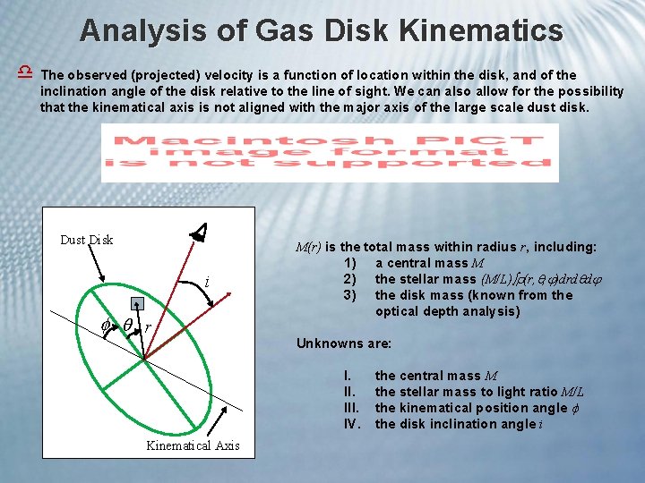 Analysis of Gas Disk Kinematics d The observed (projected) velocity is a function of