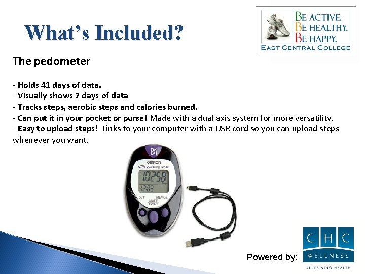 What’s Included? The pedometer - Holds 41 days of data. - Visually shows 7